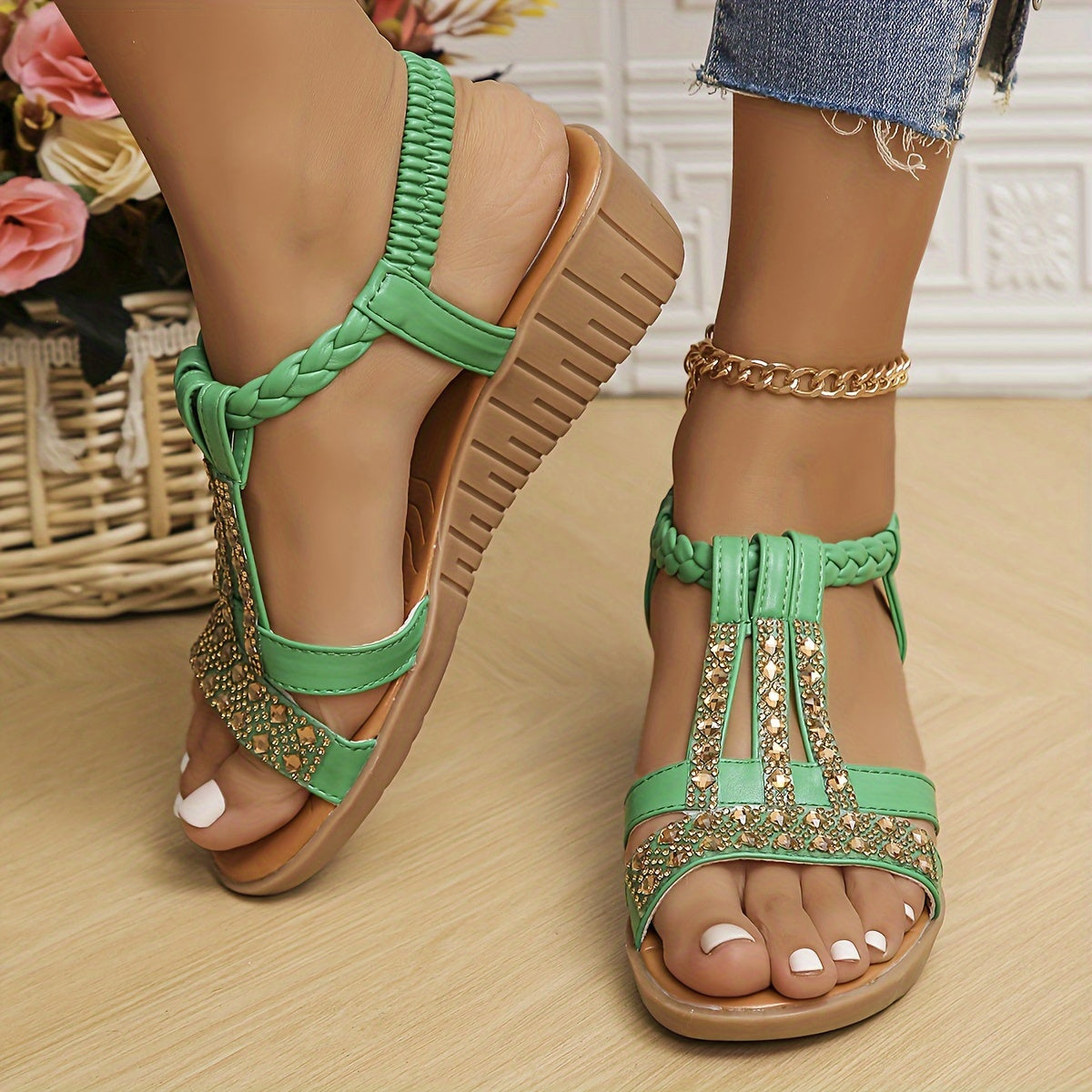 Women's Woven Sandals with Rhinestone Detail and Adjustable Strap