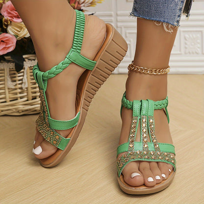 Women's Woven Sandals with Rhinestone Detail and Adjustable Strap