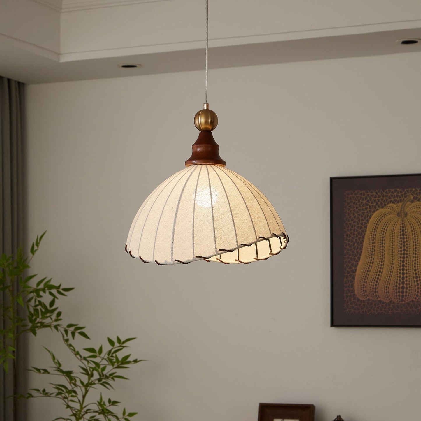 Pendant lamp Fabric lampshade Wooden ceiling light - TrendAura