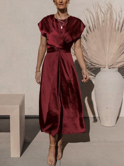 Women's Midi Dress - V-Neck Wrap Design - A-Line Fit - Elegant and Comfortable