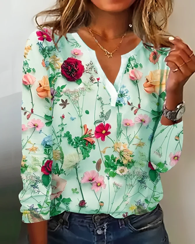Elena - Blouse with floral print and V-neckline