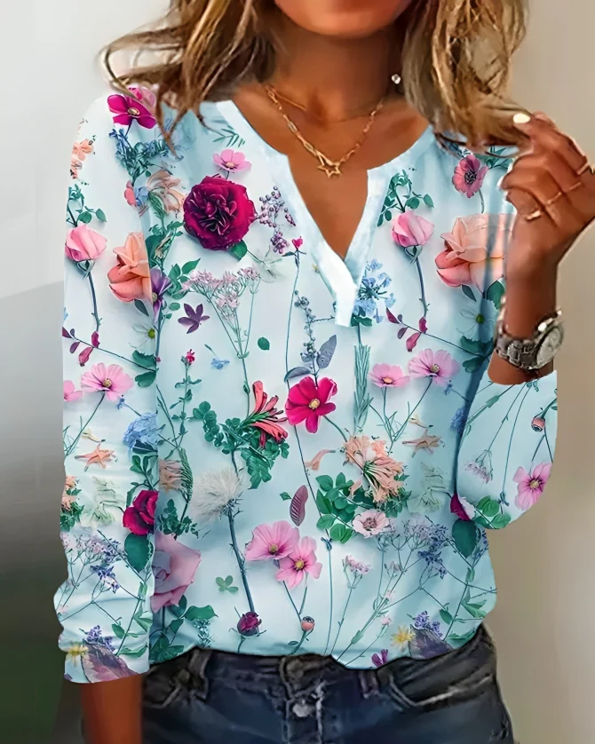 Elena - Blouse with floral print and V-neckline