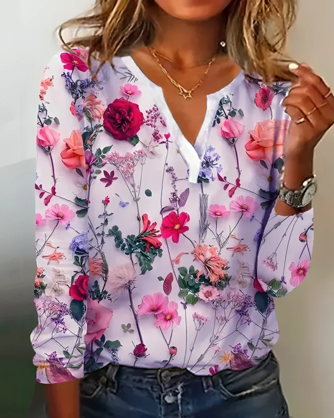 Elena - Blouse with floral print and V-neckline
