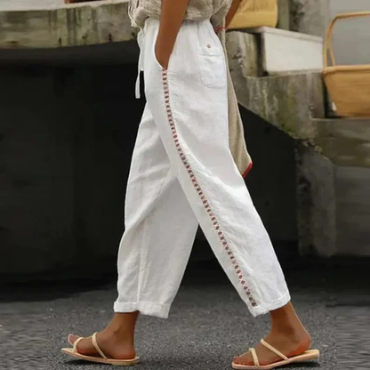 Elena - Linen pants with embroidery and elastic waistband