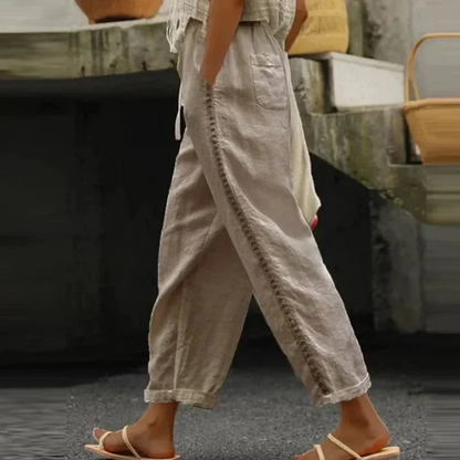 Elena - Linen pants with embroidery and elastic waistband