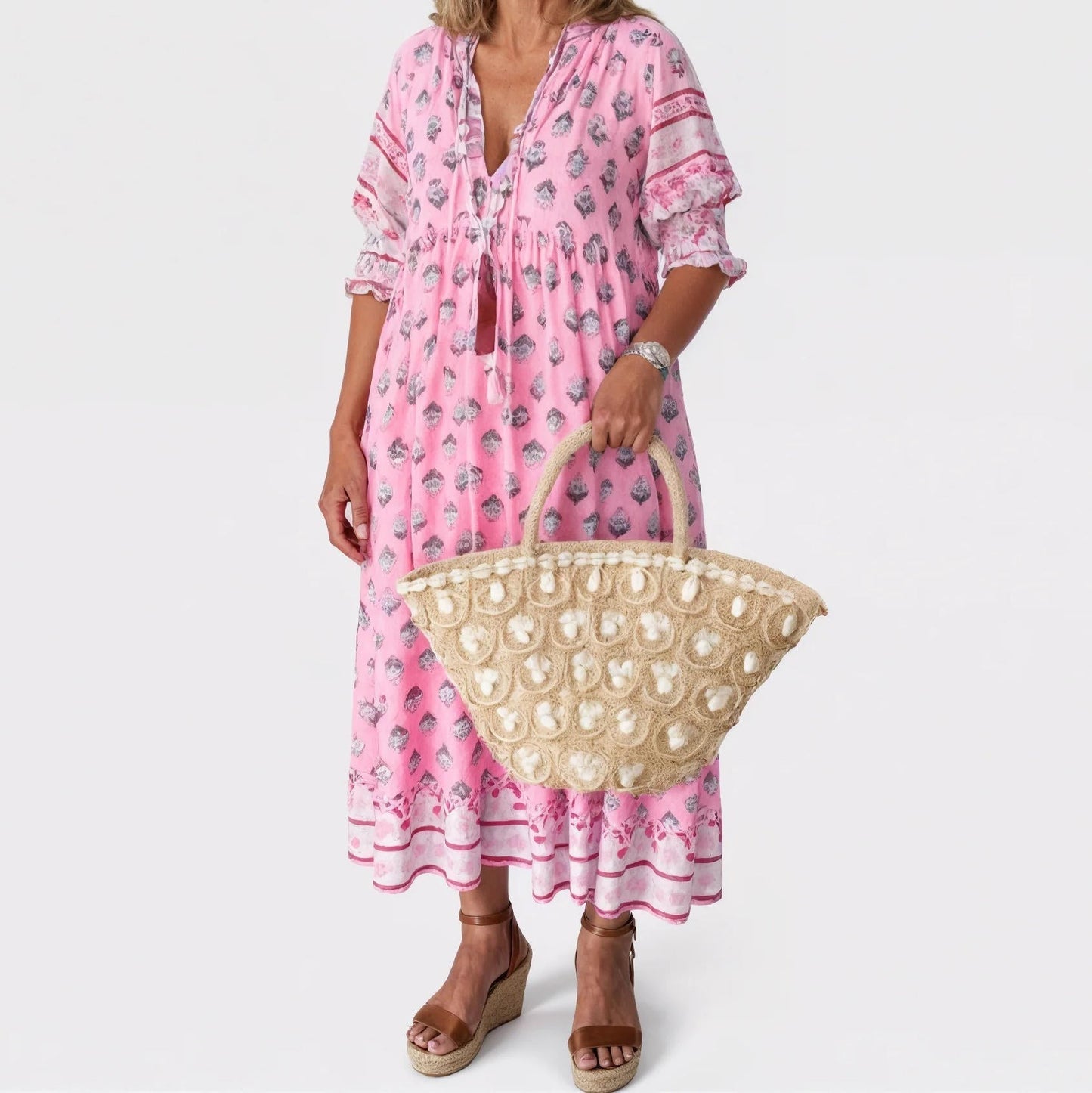 TrendAura Womens Midi Summer Floral Dress V Neck - Flowy Breathable Silhouette For Warm Weather Comfort