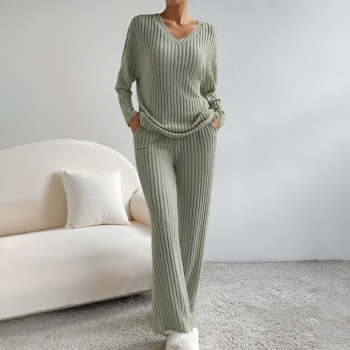 Isla Striped V-Neck Pullover Set For Women, Flattering Fit, Cozy Warmth, Everyday Essential