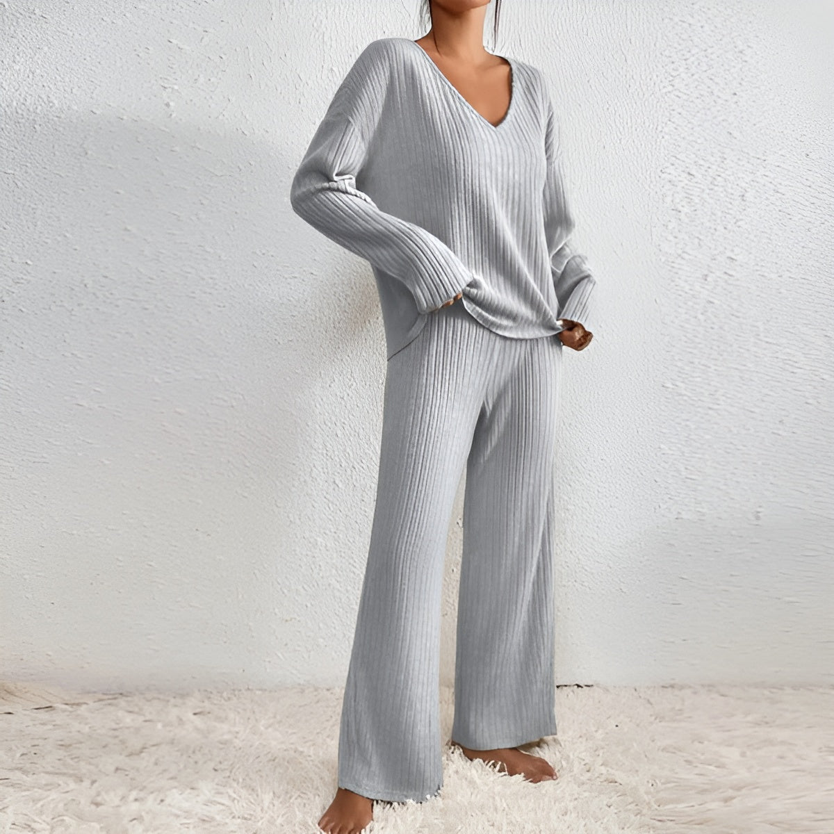 Isla Striped V-Neck Pullover Set For Women, Flattering Fit, Cozy Warmth, Everyday Essential