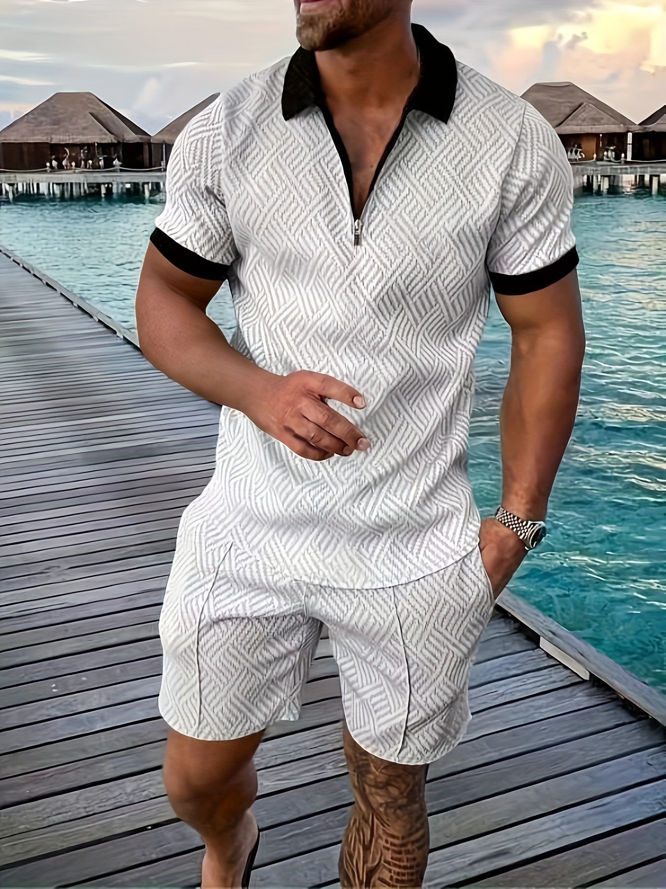 Men's Romper Breathable Cotton Blend Short Sleeve With Zipper Closure Geometric Design