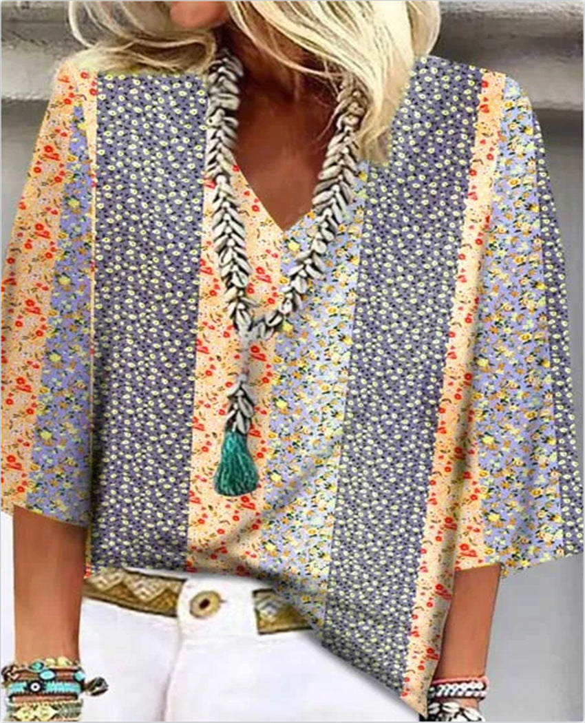Women's Floral Patchwork V-Neck Top with 3/4 Sleeves and Versatile Style