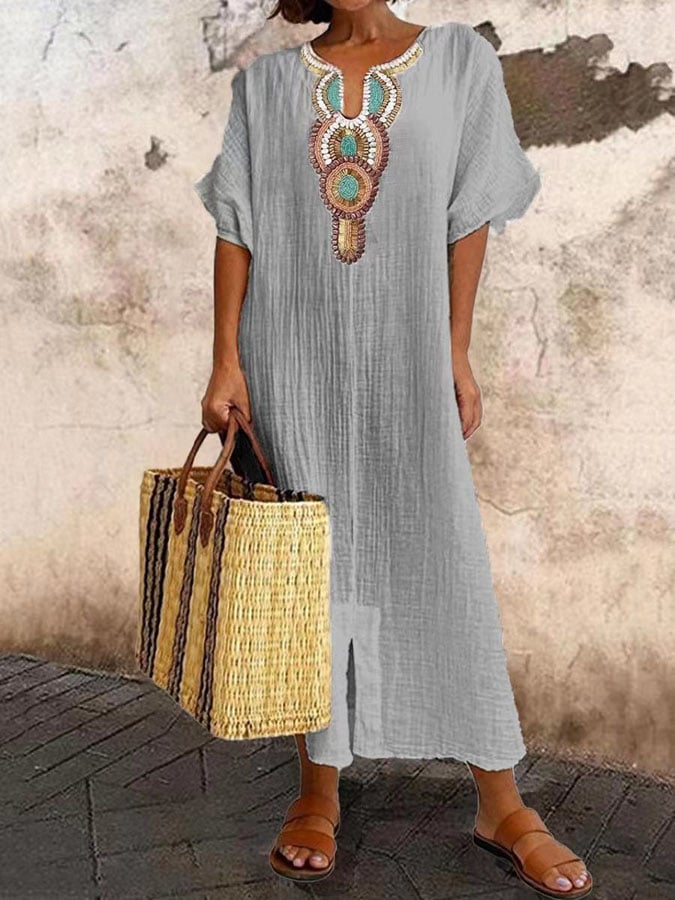 Women’s Kaftan Dress – Relaxed Fit – Embroidered Neckline – Crinkled Cotton Blend