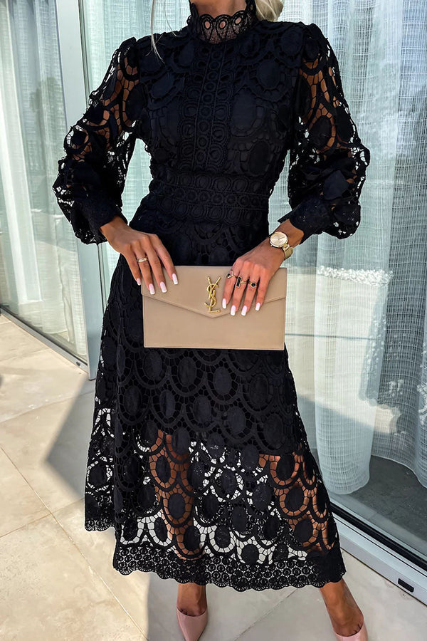Women's Lace Dress - A-line Fit - Midi Length - Long Sleeves - Elegant Design