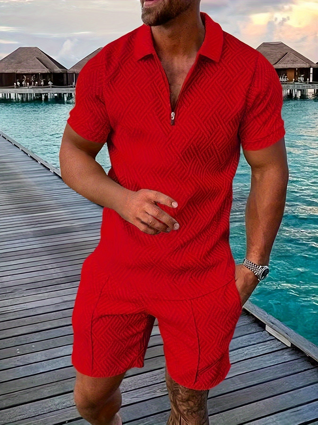 Men's Romper Breathable Cotton Blend Short Sleeve With Zipper Closure Geometric Design