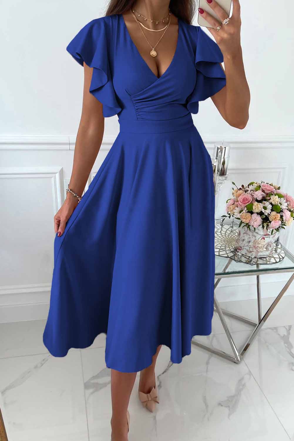 Women's Dress - Wrap Design - Ruffle Sleeves - V-Neck - Elegant and Feminine
