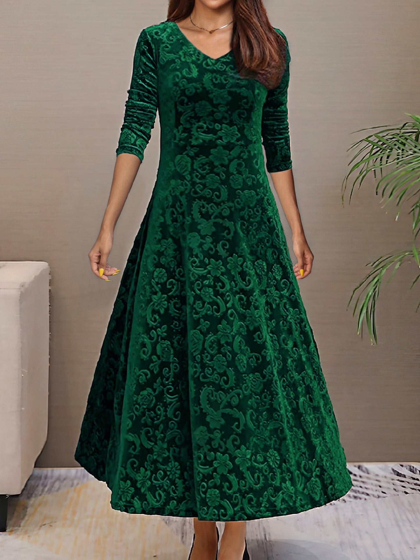 Women's Evening Dress - Velvet - V-neck - A-line - 3/4 Sleeves - Floral Pattern