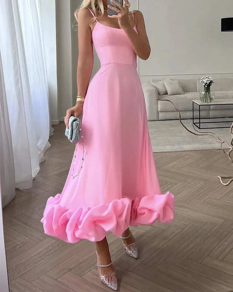 Elegant Pink Dress For Women With Belted Fit And Flared Skirt Romantic Floral Pattern For Ceremonies