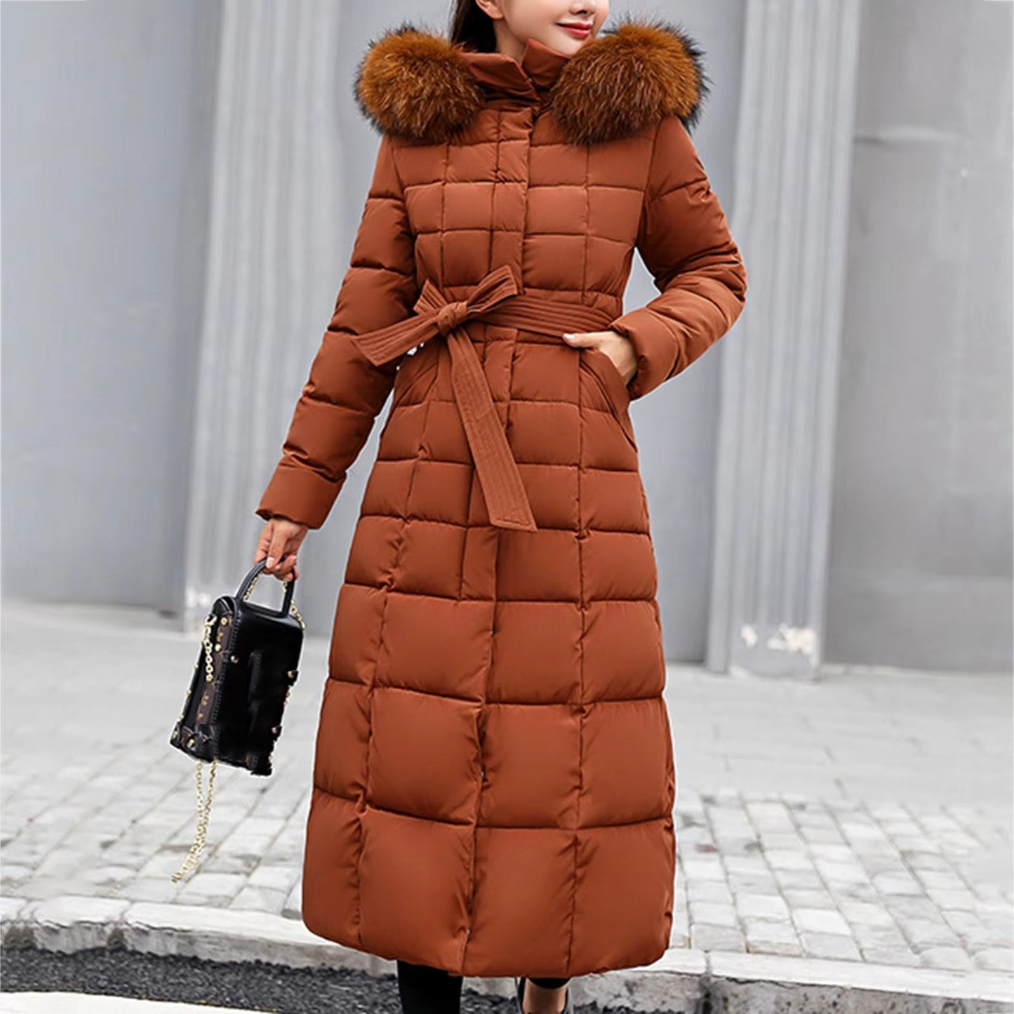 Penina Long Hooded Down Jacket For Women With Faux Fur Hood Elegant Warmth And Style
