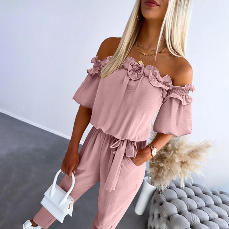 Women's Off-Shoulder Jumpsuit with Frill Detail and Tie Waist