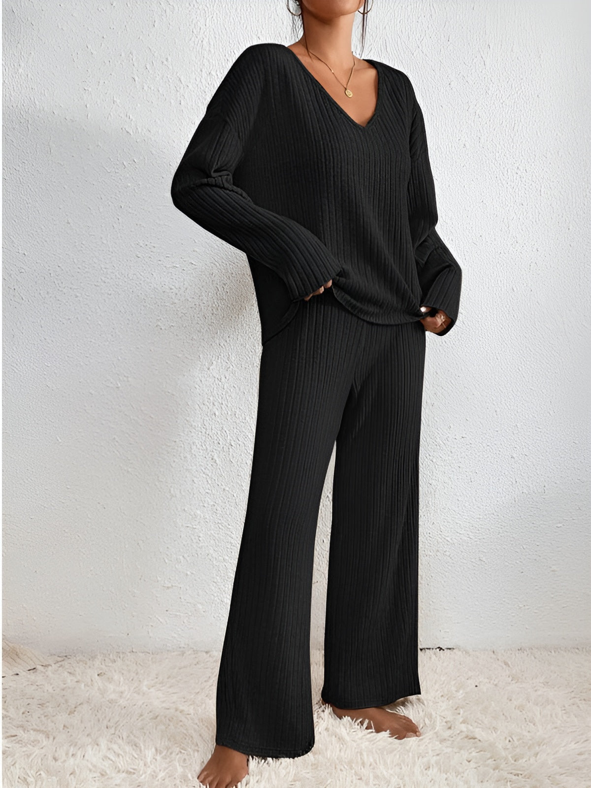Isla Striped V-Neck Pullover Set For Women, Flattering Fit, Cozy Warmth, Everyday Essential