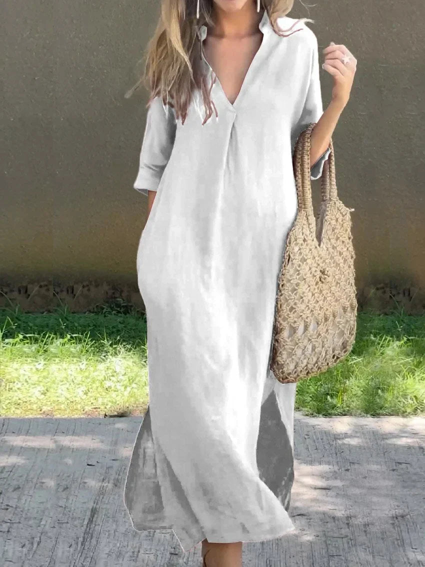 Nora Long V Neck Dress With Pockets For Women Elegant Comfort All Occasion Everyday Wear