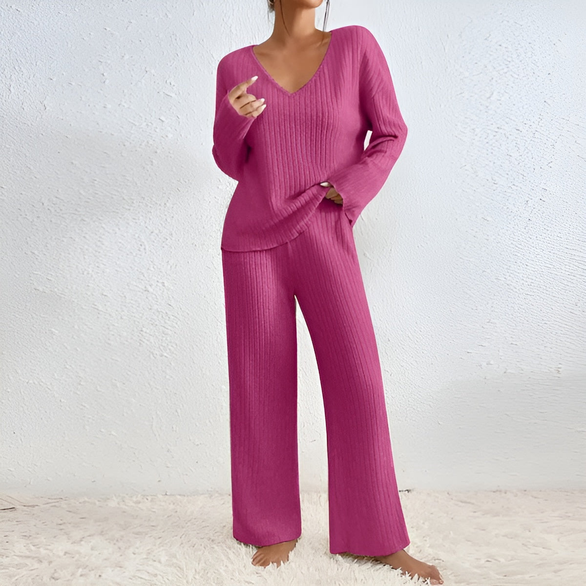 Isla Striped V-Neck Pullover Set For Women, Flattering Fit, Cozy Warmth, Everyday Essential