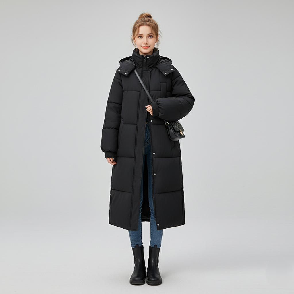 Women’s Long Puffer Trench Coat – Oversized Fit – Quilted Insulated – Hooded High Collar