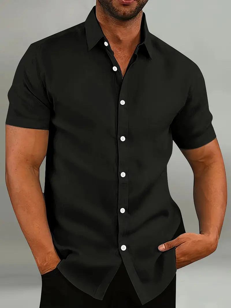 Light Blue Mens Short Sleeve Shirt Slim Fit Button Closure Classic Collar For Casual To Formal Wear