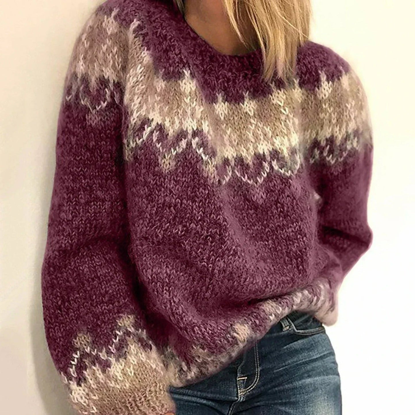 Women's Knit Sweater - Wool Blend - Fair Isle Pattern - Oversized Fit - Round Neck