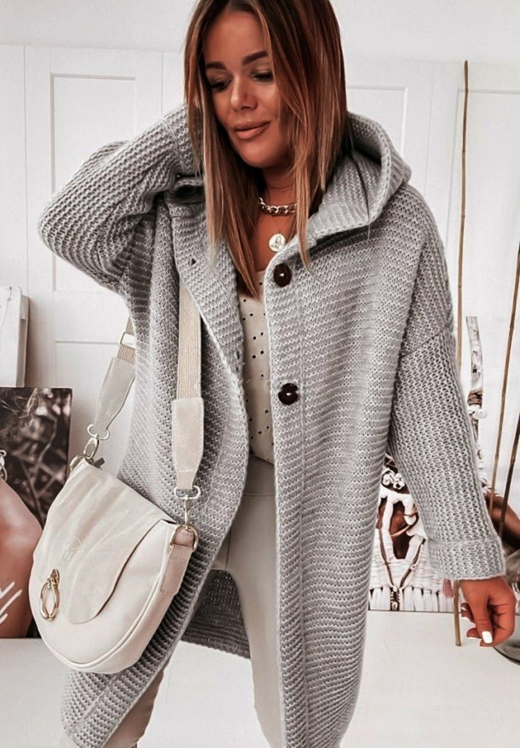 Women’s Hooded Cardigan – Knit Wool – Relaxed Fit – Mid-Length – Single Button