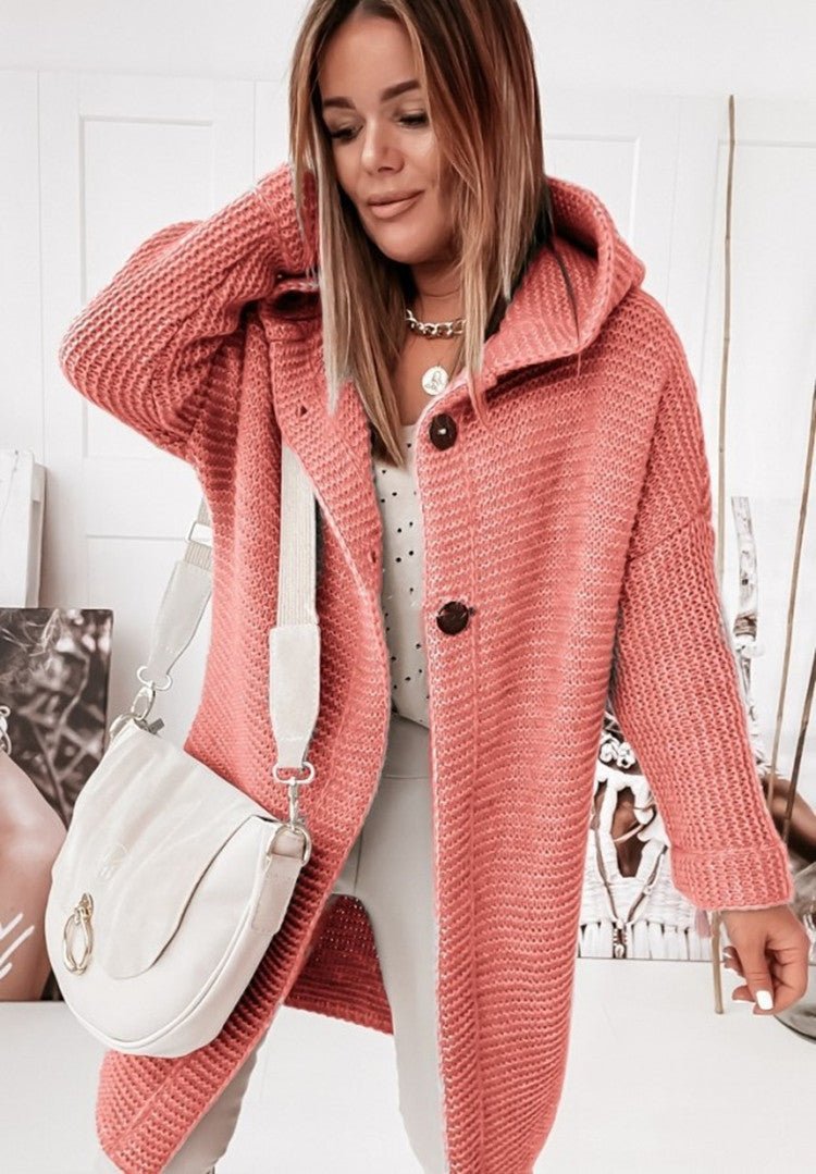 Women’s Hooded Cardigan – Knit Wool – Relaxed Fit – Mid-Length – Single Button