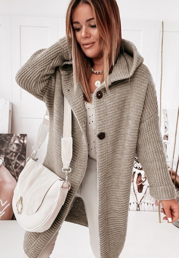 Women’s Hooded Cardigan – Knit Wool – Relaxed Fit – Mid-Length – Single Button