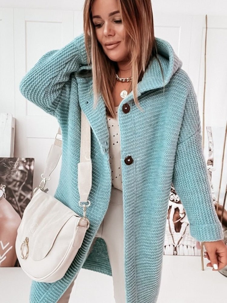 Women’s Hooded Cardigan – Knit Wool – Relaxed Fit – Mid-Length – Single Button