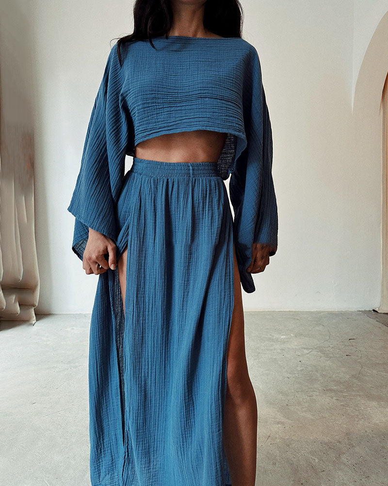 Sylvia Gauze Two Piece Set Cropped Top With Wide Sleeves And High Slit Maxi Skirt