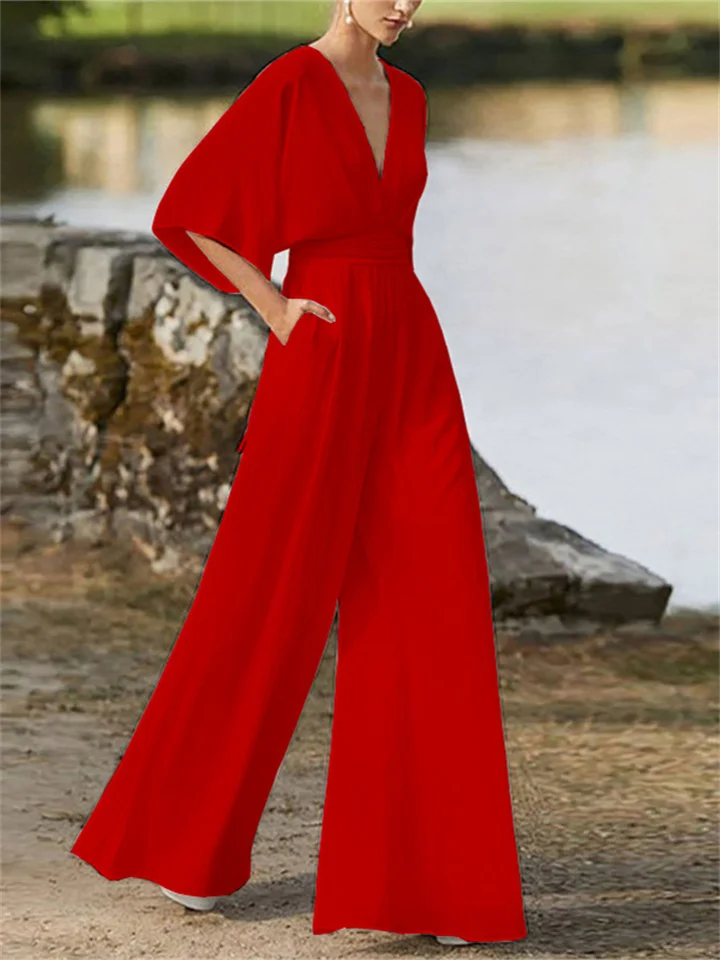 Elegant V-neck jumpsuit with wide legs and batwing sleeves for women | Ideal for winter