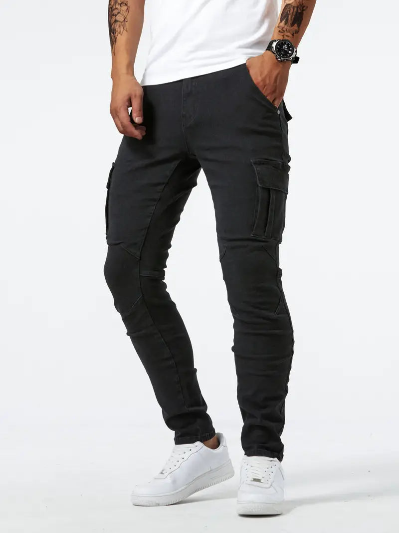 Slim fit multi-pocket jeans for men - stretch denim cargo pants