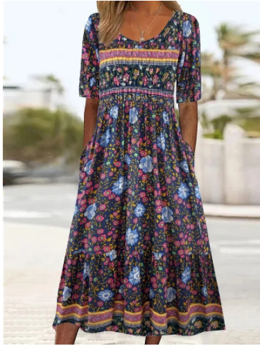 Helga - Unique midi dress with round neckline