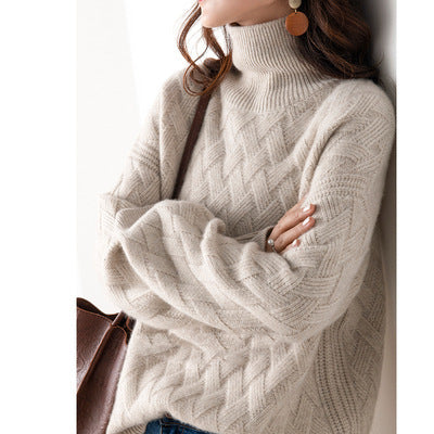 Emma - Women's Cashmere Sweater with Turtleneck, Cream, Cable Knit Pattern, Warm, Fashionable