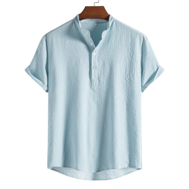 Striped linen shirt with half button placket for men