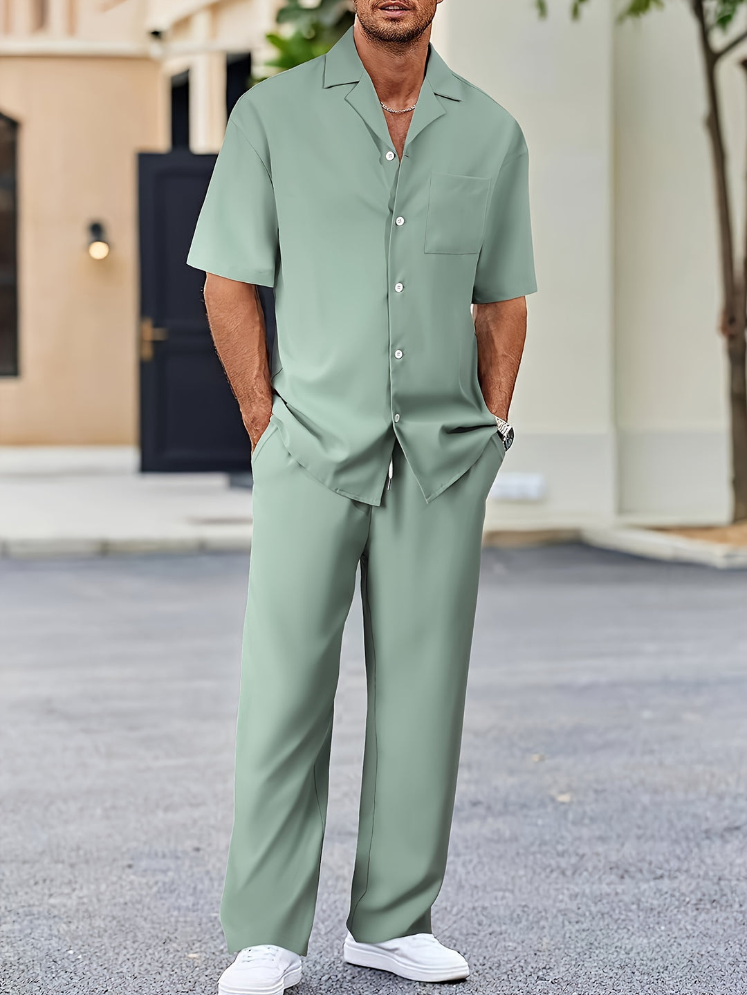 Men's Suit-Inspired Two-Piece Set With Short Sleeve Shirt For Modern Professionals Lightweight Breathable Polyester