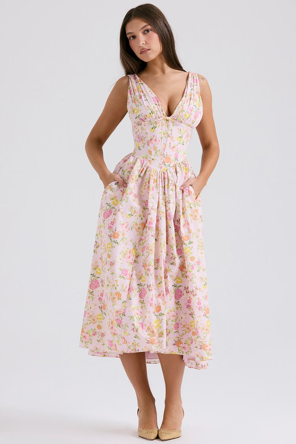 Flor Boho Floral Midi Dress For Women Sleeveless V Neck A Line Summer Wedding Guest