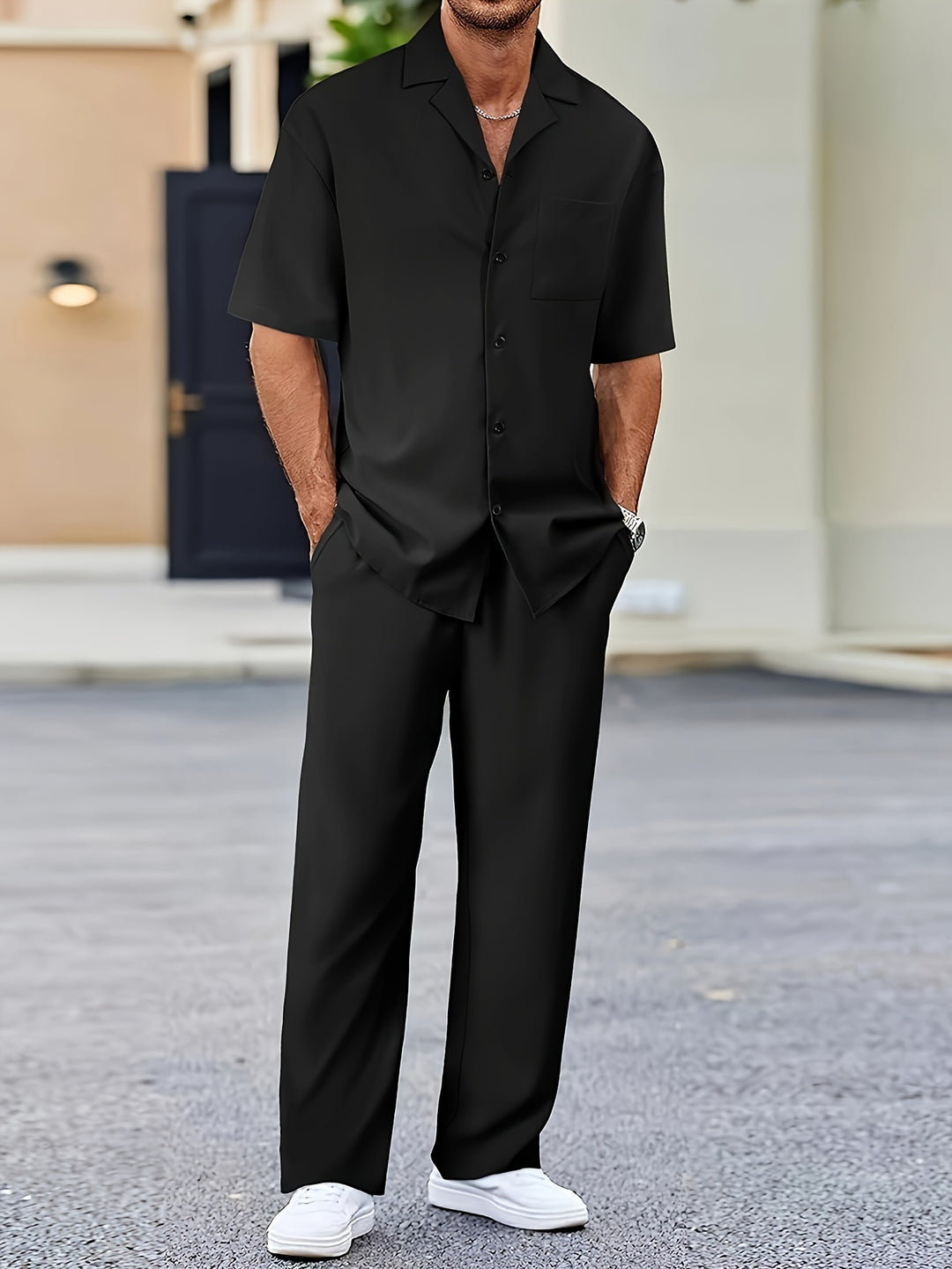 Men's Suit-Inspired Two-Piece Set With Short Sleeve Shirt For Modern Professionals Lightweight Breathable Polyester