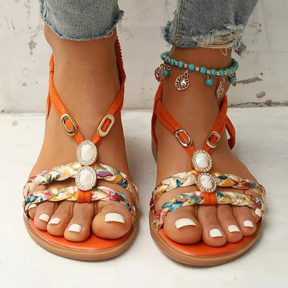 Women's sandals | Boho summer style | Soft sole & low wedge heel | Floral design