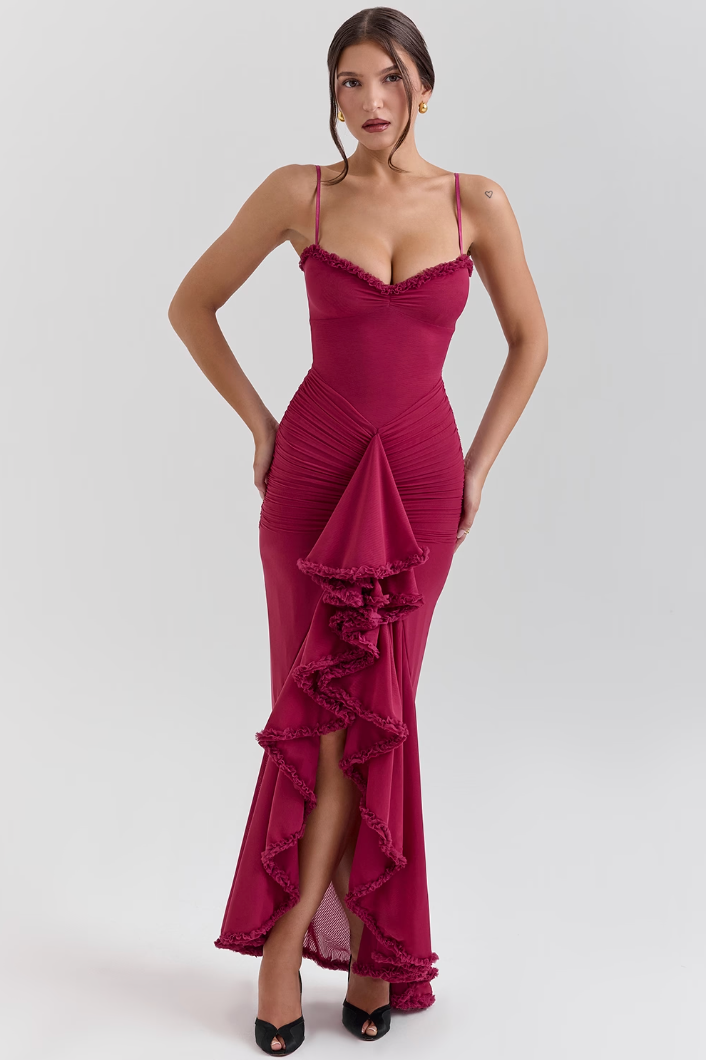Maxi Dress For Women With Spaghetti Straps And Sheer Layered Ruched Detail For Weddings And Parties