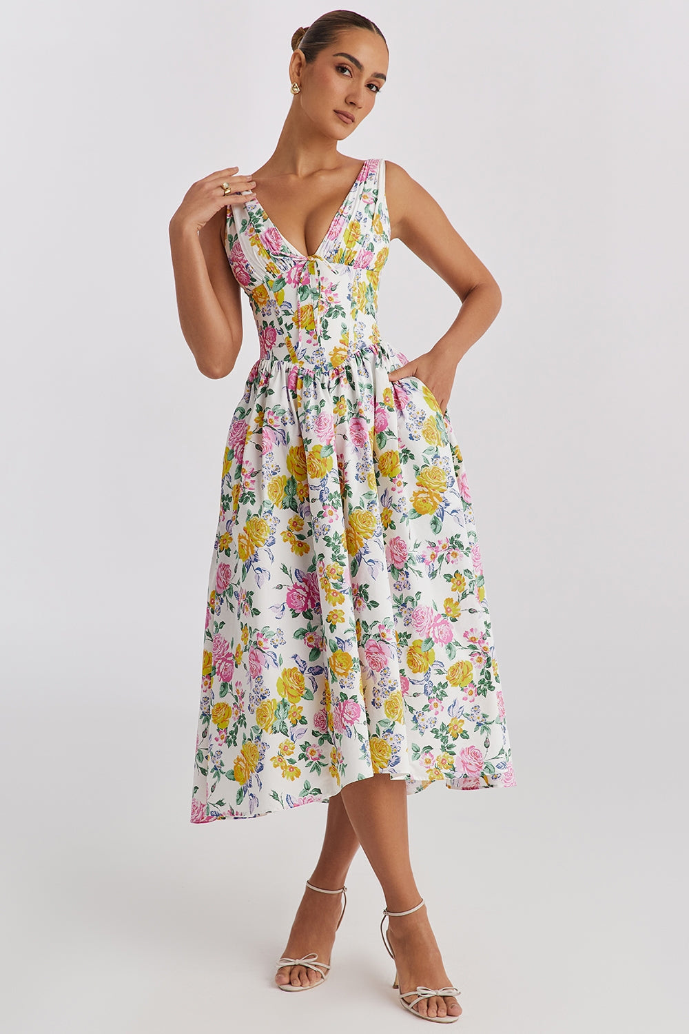Flor Boho Floral Midi Dress For Women Sleeveless V Neck A Line Summer Wedding Guest