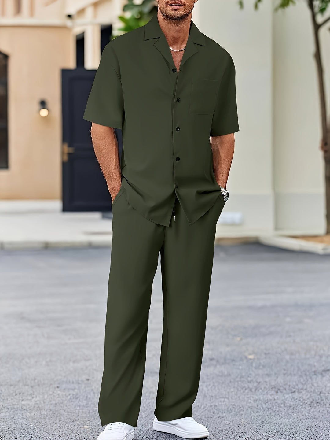 Men's Suit-Inspired Two-Piece Set With Short Sleeve Shirt For Modern Professionals Lightweight Breathable Polyester