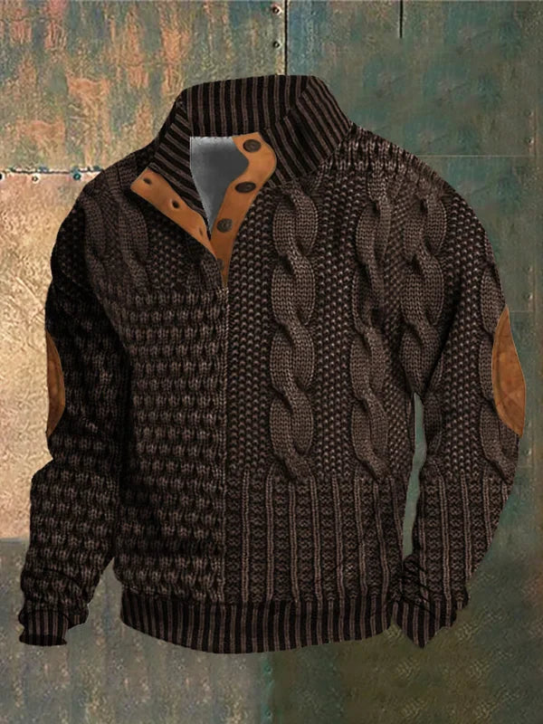 Men's Knit Sweater Warm Knit Jumper With Leather Details Elastic Cuffs Cozy Comfort