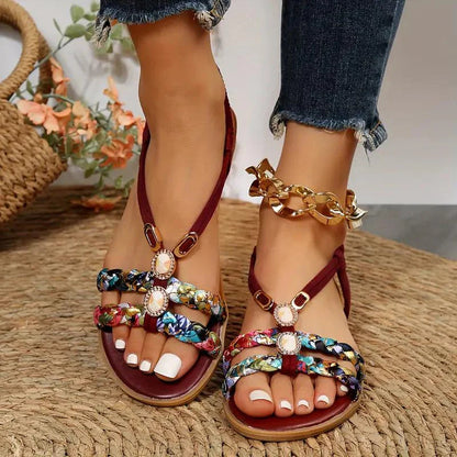 Women's sandals | Boho summer style | Soft sole & low wedge heel | Floral design