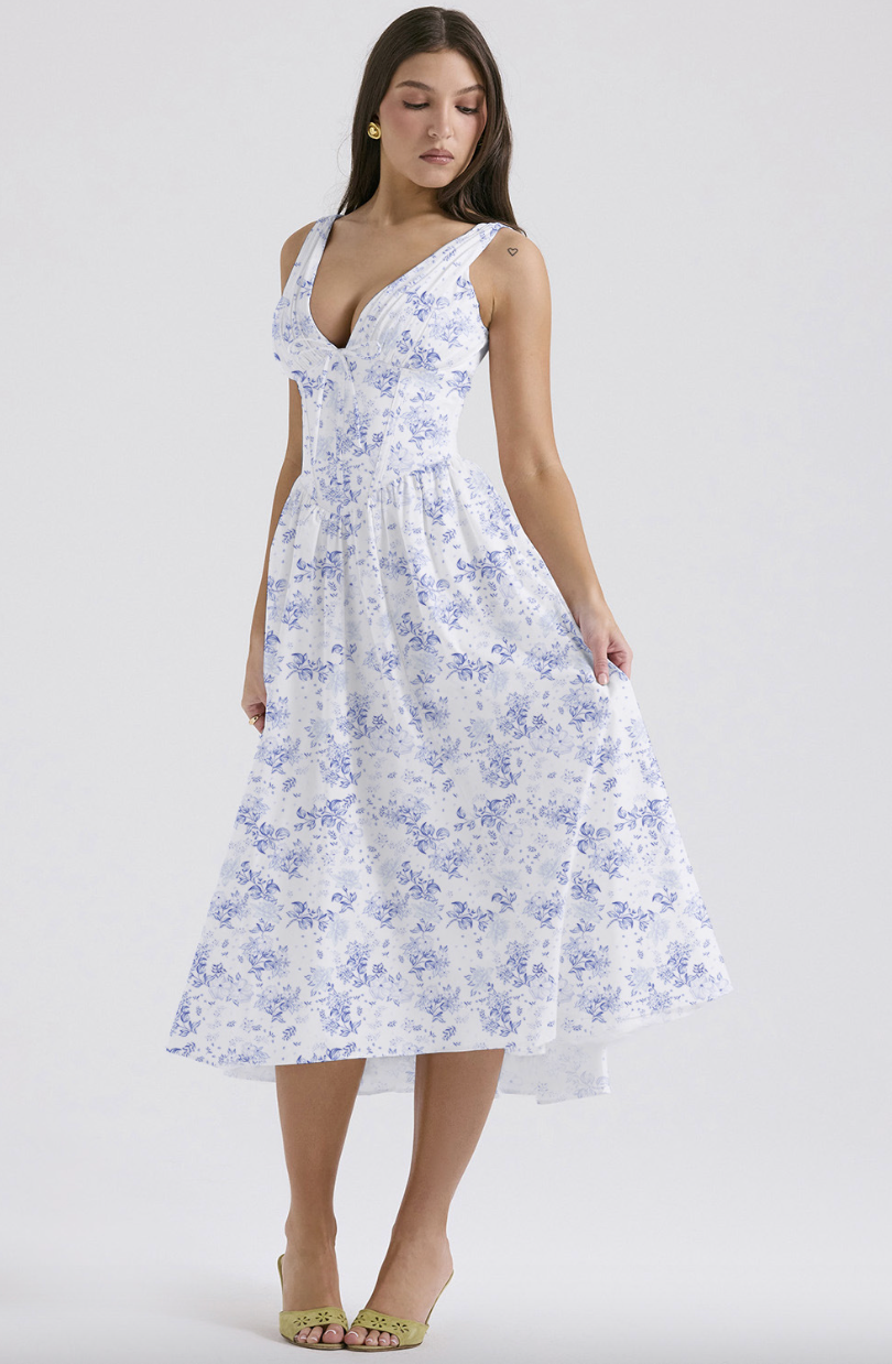 Flor Boho Floral Midi Dress For Women Sleeveless V Neck A Line Summer Wedding Guest