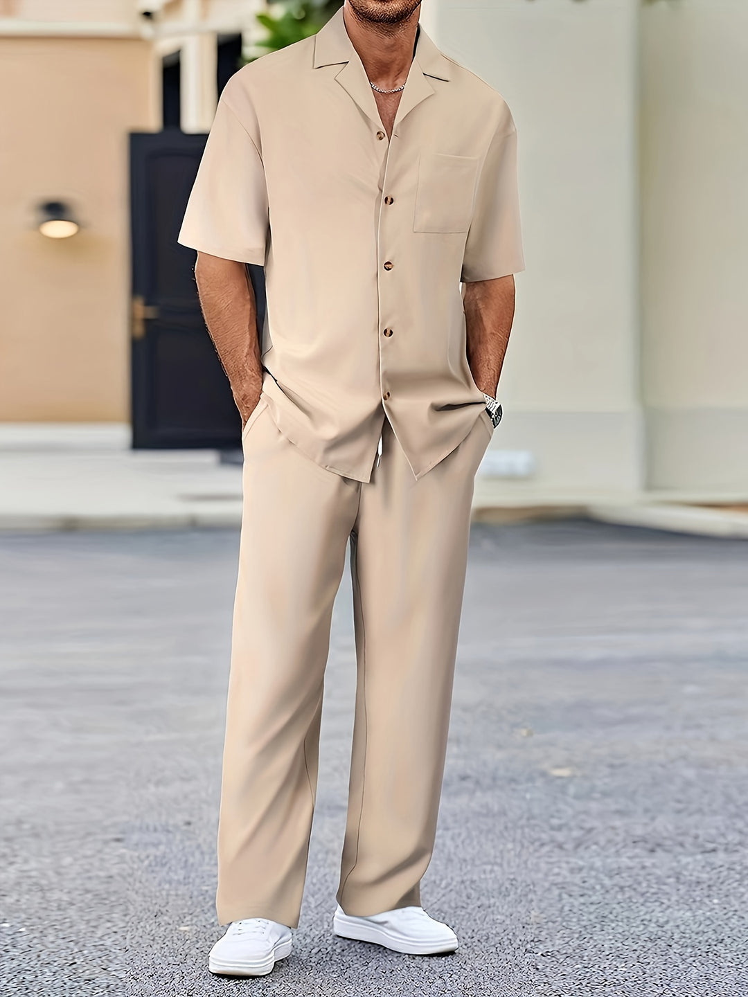 Men's Suit-Inspired Two-Piece Set With Short Sleeve Shirt For Modern Professionals Lightweight Breathable Polyester