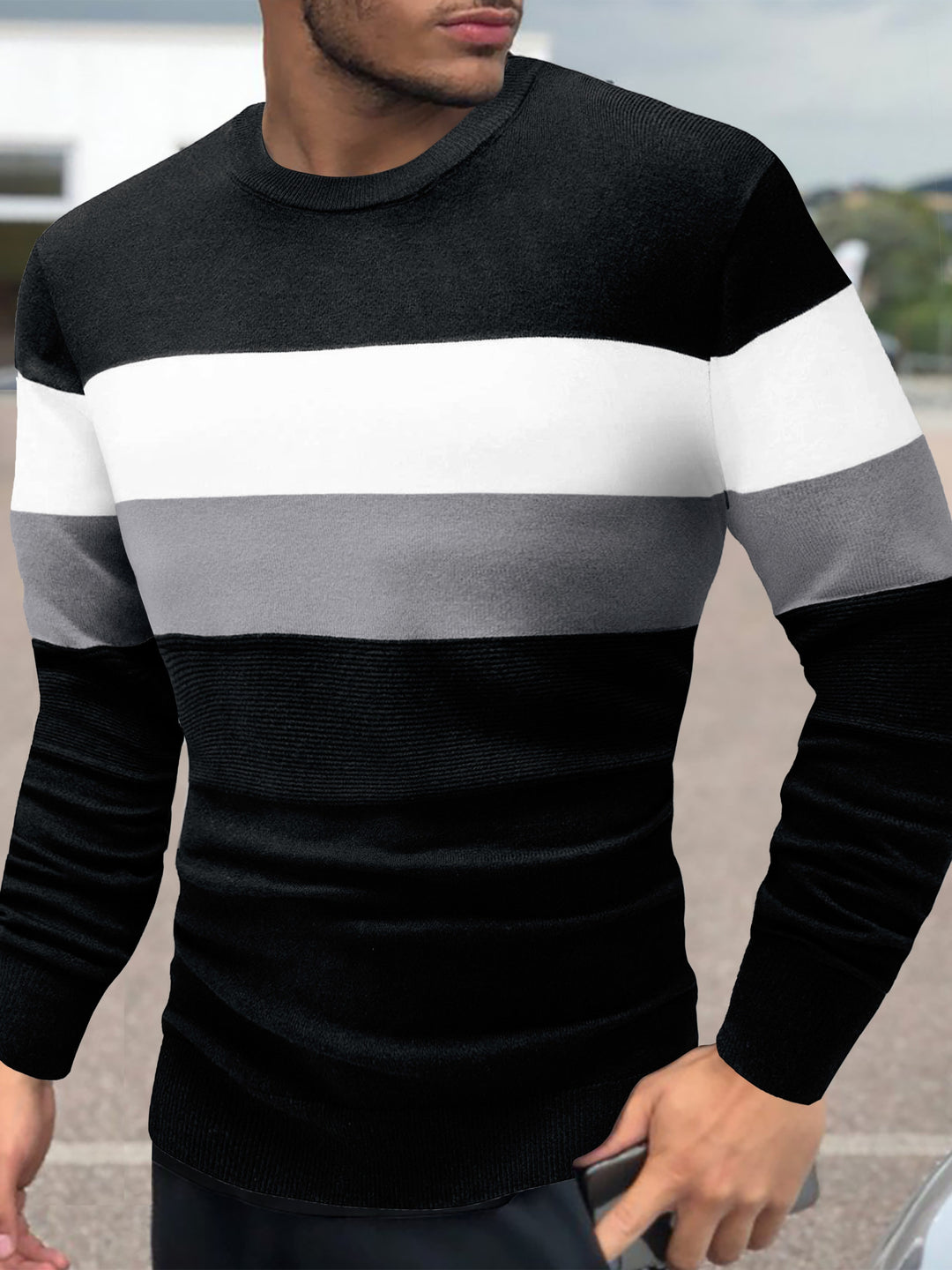 Men's Winter Striped Knit Sweater With Modern Color Block Versatile For Office And Casual Wear